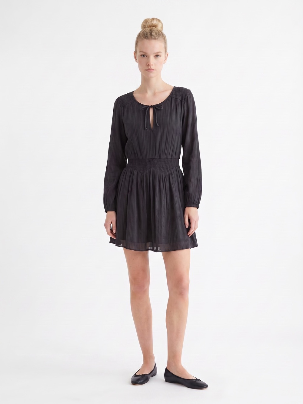 Volcom Black Long-Sleeve Tie-Neck Smocked Waist Mini Dress. Little black dress.